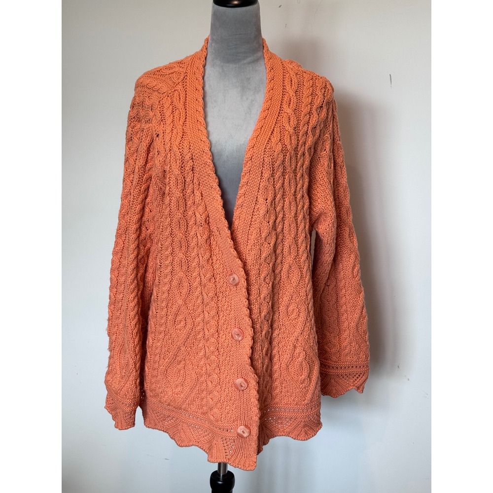Aran Crafts Orange 100% Merino Wool Cable Knit Cardigan Made in Ireland XL